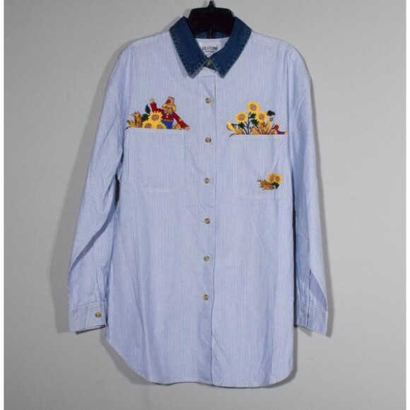 Solutions Original Embroidered Sunflower Blue & White Striped Shirt Sz M - Picture 1 of 5